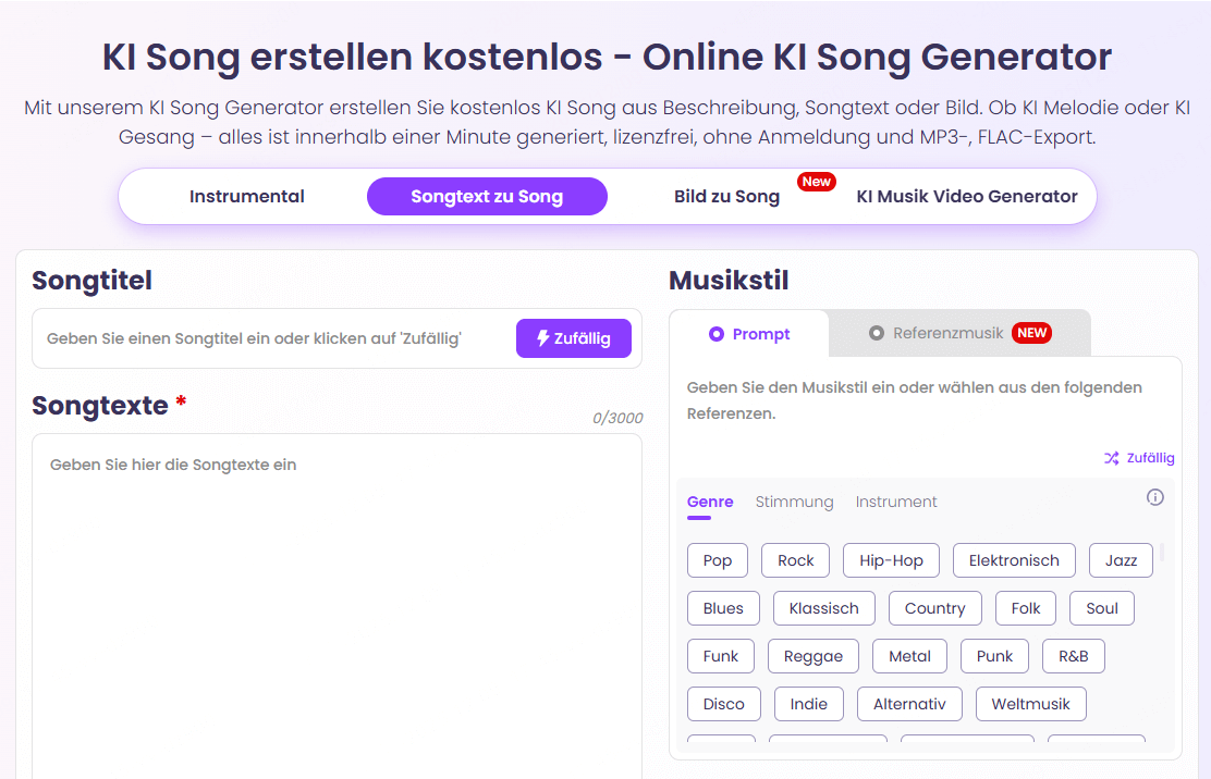 Vidnoz AI, musik aus Texten mit KI online generieren
