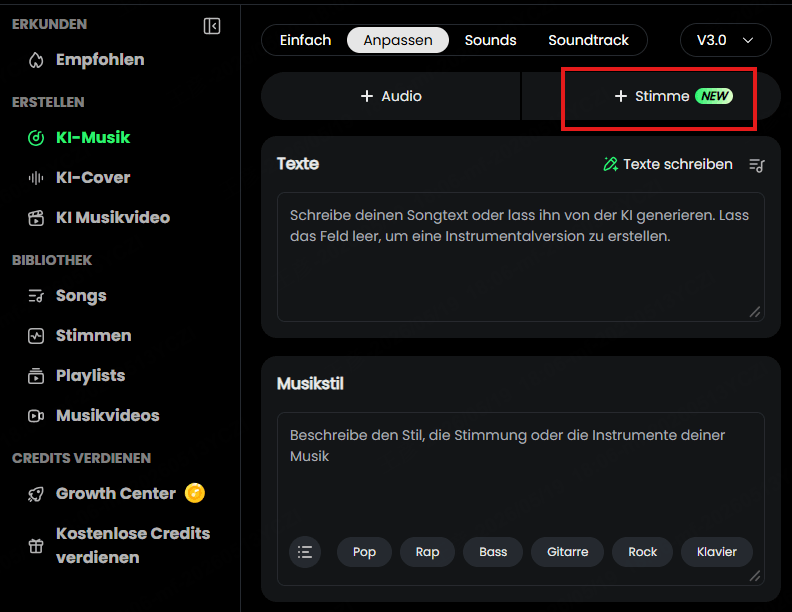 Klicke auf „KI-Musik“ und gib deine kreativen Parameter ein