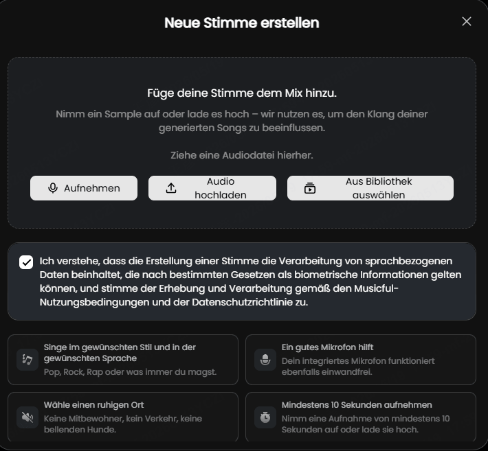Nimm deine Stimme auf oder lade eine bereits aufgenommene Audiodatei hoch