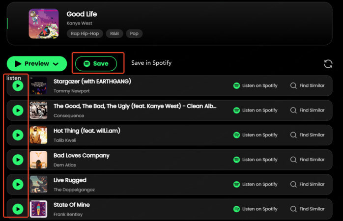 ai song finder - songs like kanye good life