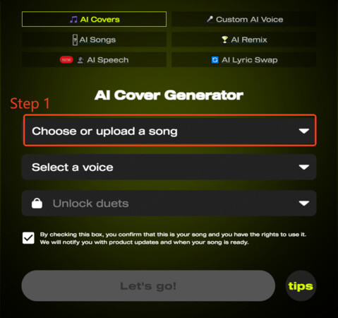 covers ai choose or upload a song