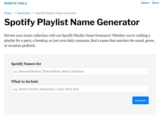 remote tools spotify playlist names generator