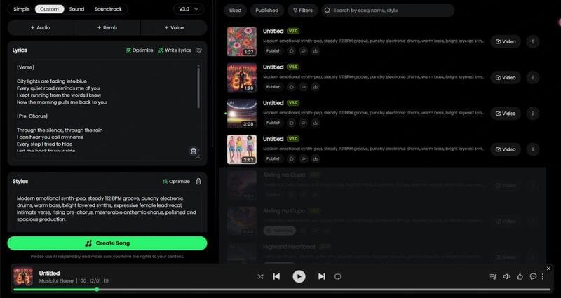 The same vocal pop prompt placed in Musicful Style, Lyrics, and Exclude Styles fields