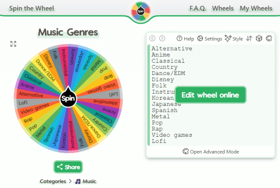 spin the wheel random music genre generator