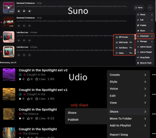 Suno export options compared with Udio download restrictions