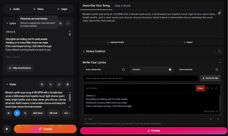 Suno and Udio test prompts used in the comparison