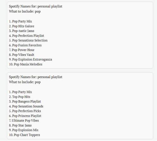 two sets of playlists names were successfully generated