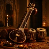 A serene Indian classical piece with expressive sitar, intricate tabla rhythms, and a meditative atmosphere.