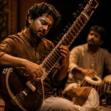 A dynamic Indian classical performance with virtuosic sitar, complex tabla rhythms, and an emotional crescendo.