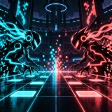 A neon arcade duel where two synthetic voices trade hooks, counterattacks, and a rapid final round over punchy game-ready drums.