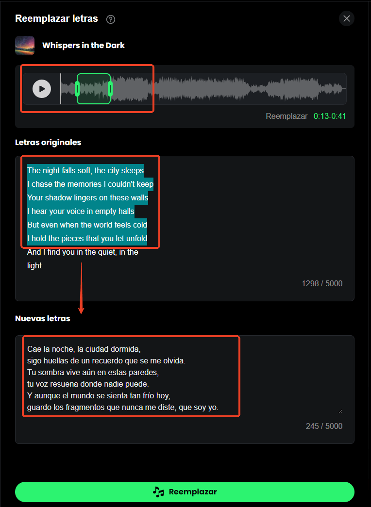 paso 2 de cambiar la letra de una canción con musicful ai