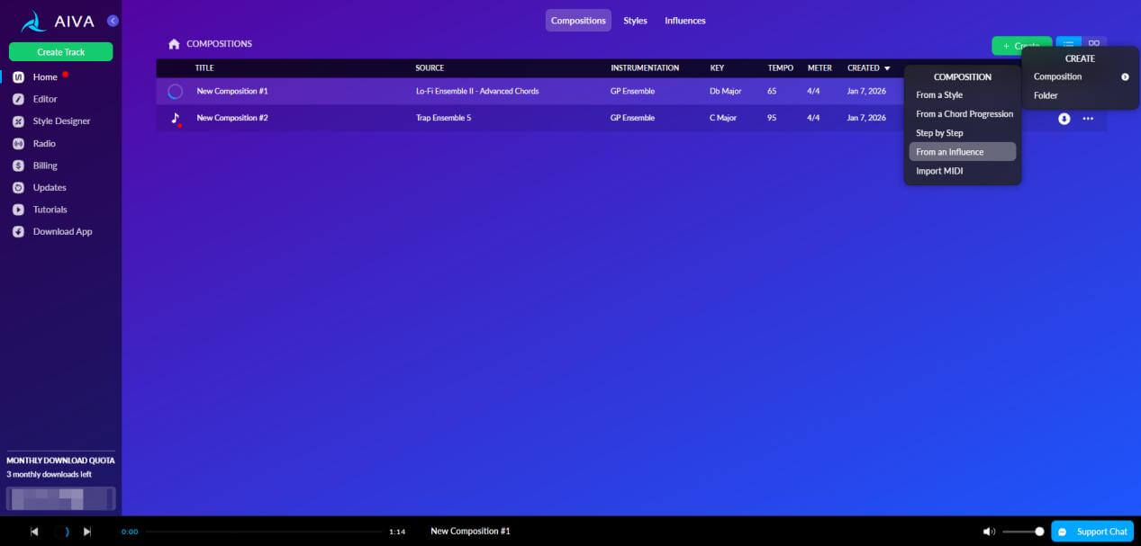 選擇 AIVA 音樂生成模式